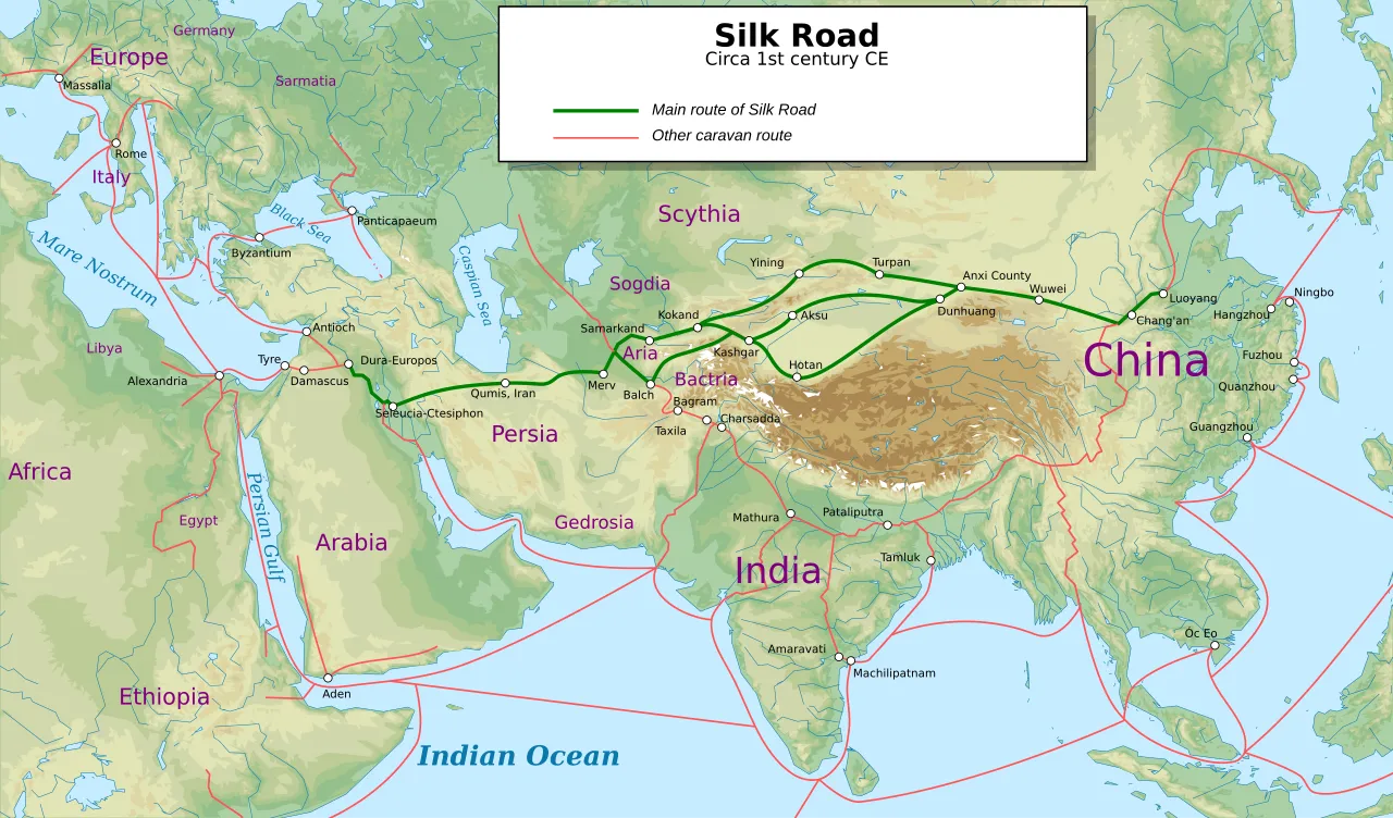 Map of the Silk Road and other caravan routes of Eurasia in the 1st century AD